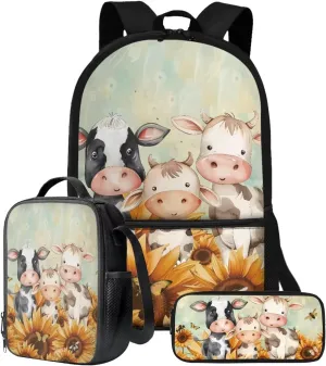 Suobstales Cow Sunflower Butterfly Print School Bookbags Set of 3 Backpack for Kids Boys Girls Preschool Elementary Schoolbags with Lunch Bag Pencil Case Casual Daypack Rucksack