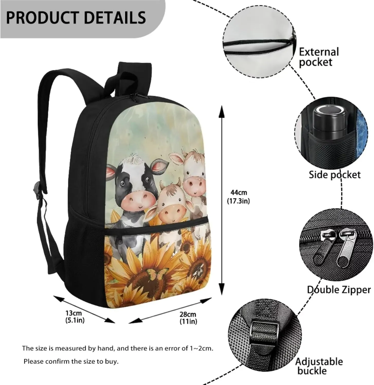 Suobstales Cow Sunflower Butterfly Print School Bookbags Set of 3 Backpack for Kids Boys Girls Preschool Elementary Schoolbags with Lunch Bag Pencil Case Casual Daypack Rucksack