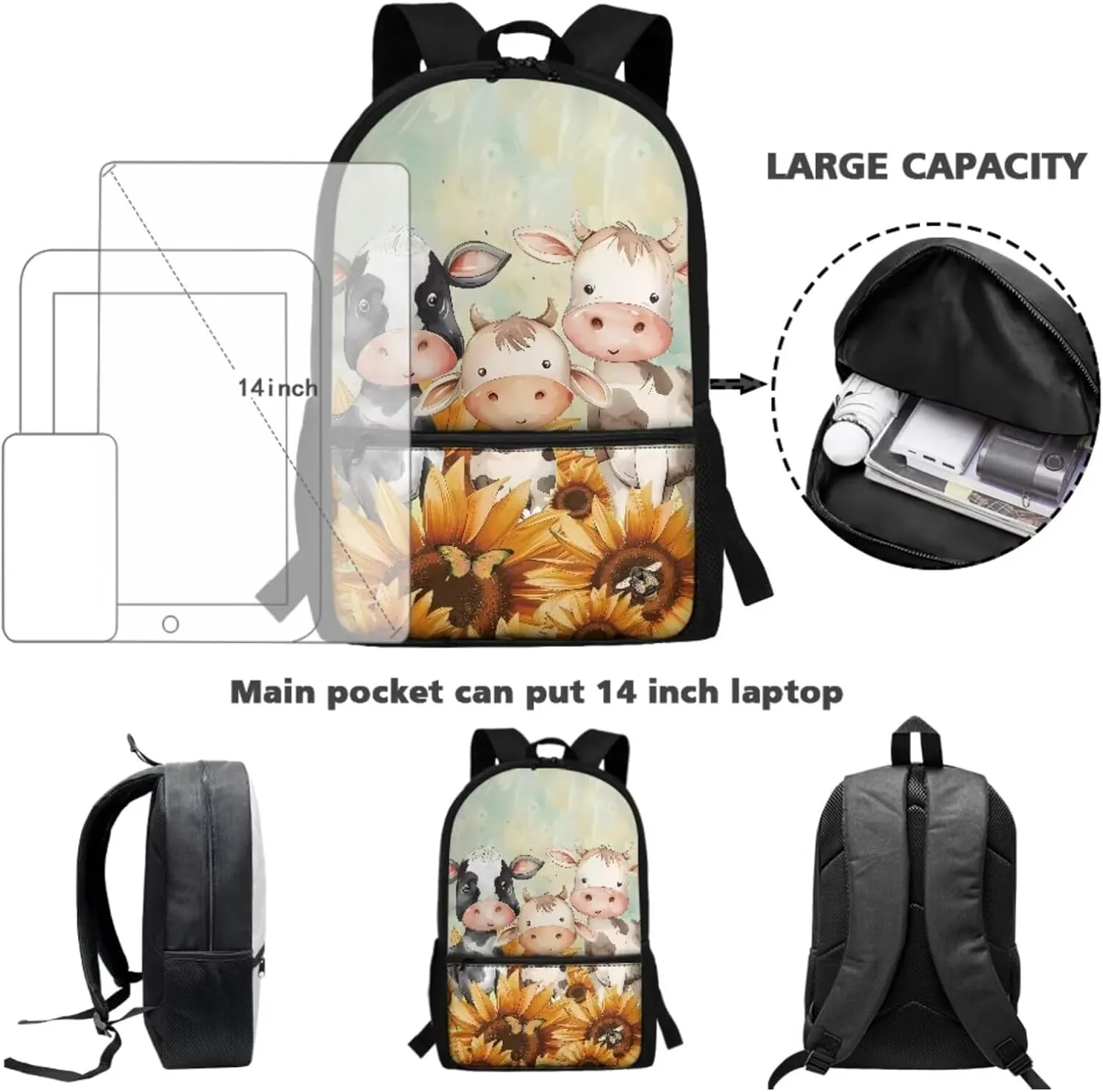 Suobstales Cow Sunflower Butterfly Print School Bookbags Set of 3 Backpack for Kids Boys Girls Preschool Elementary Schoolbags with Lunch Bag Pencil Case Casual Daypack Rucksack