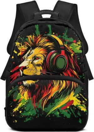 Suobstales Lion Headphones Paint Splatter Print Kids School Backpack for Teens Boys Middle Primary School Bag Bookbag Laptop Backpack Travel Casual Daypack with Adjustable Strap