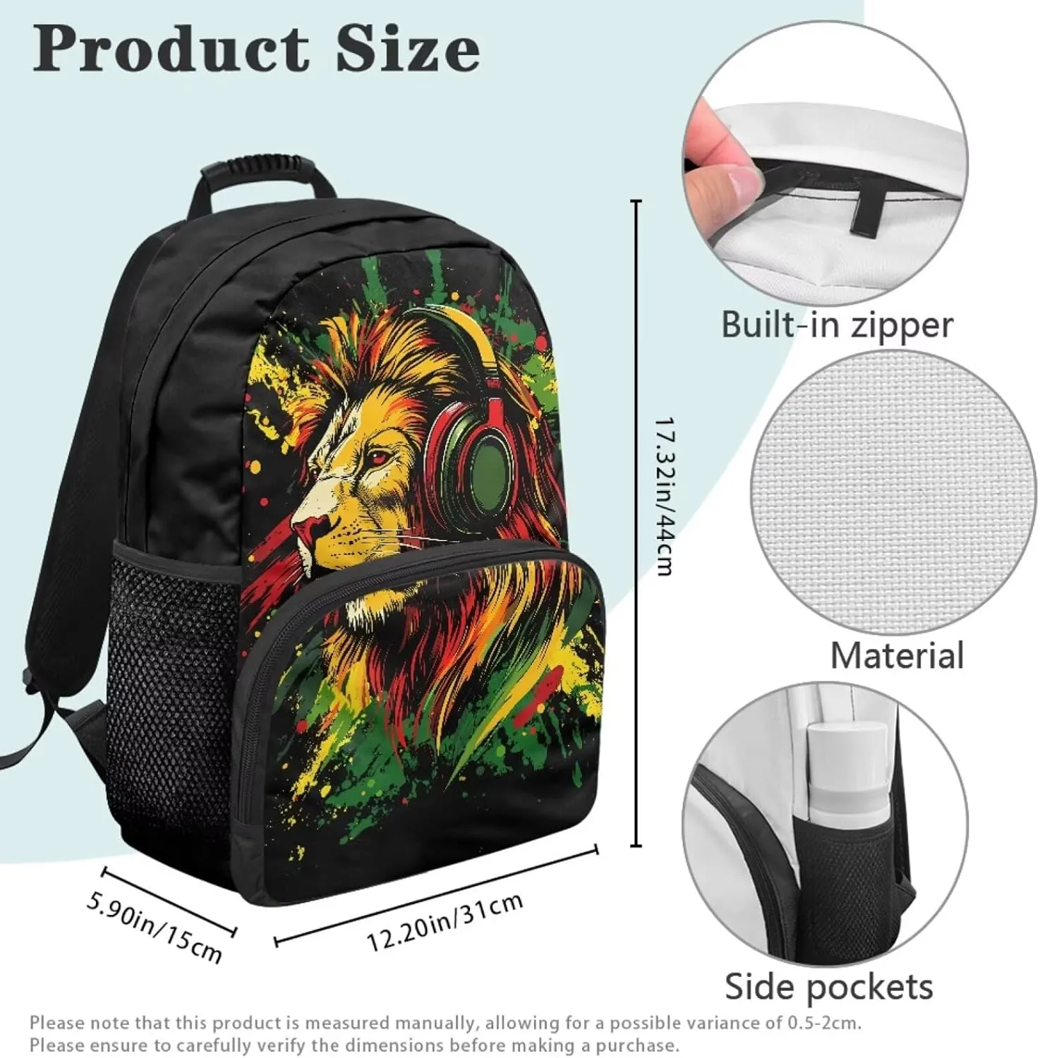 Suobstales Lion Headphones Paint Splatter Print Kids School Backpack for Teens Boys Middle Primary School Bag Bookbag Laptop Backpack Travel Casual Daypack with Adjustable Strap