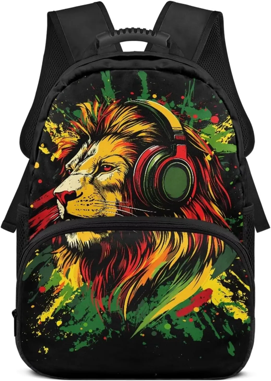 Suobstales Lion Headphones Paint Splatter Print Kids School Backpack for Teens Boys Middle Primary School Bag Bookbag Laptop Backpack Travel Casual Daypack with Adjustable Strap
