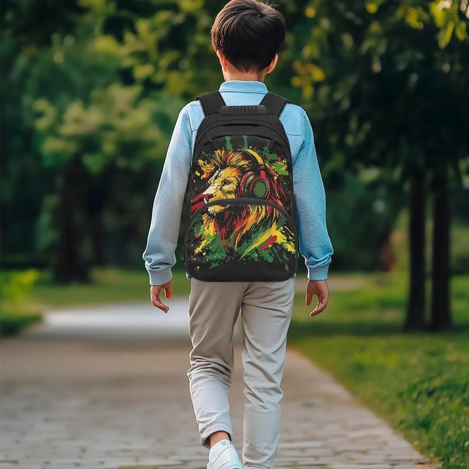 Suobstales Lion Headphones Paint Splatter Print Kids School Backpack for Teens Boys Middle Primary School Bag Bookbag Laptop Backpack Travel Casual Daypack with Adjustable Strap