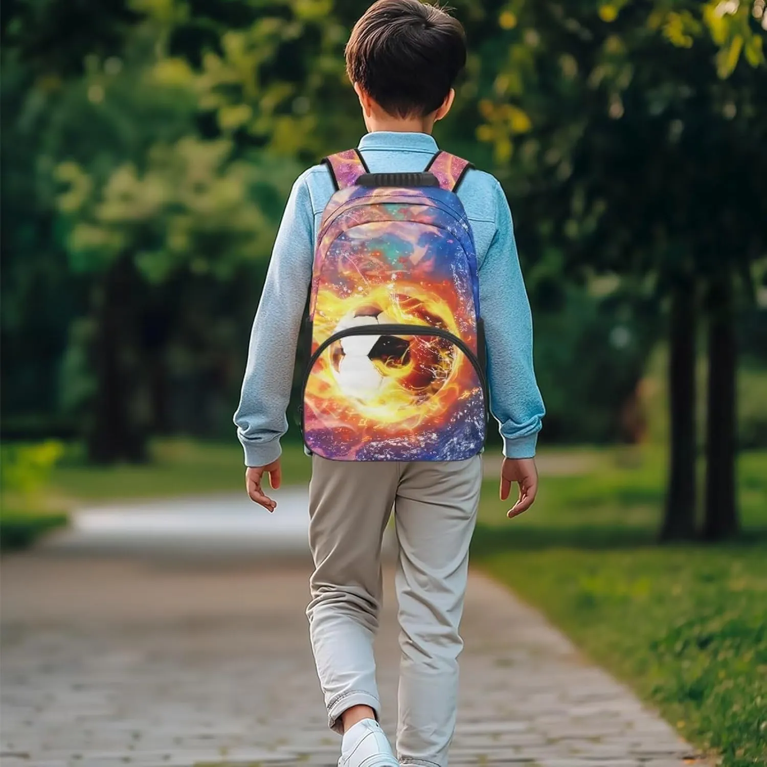 Suobstales Soccer Fire Water Print Kids School Backpack for Boys Teenage Kindergarten Primary School Shoulder Bag Backpacks Teens Casual Travel Daypack Junior School Student Backpack