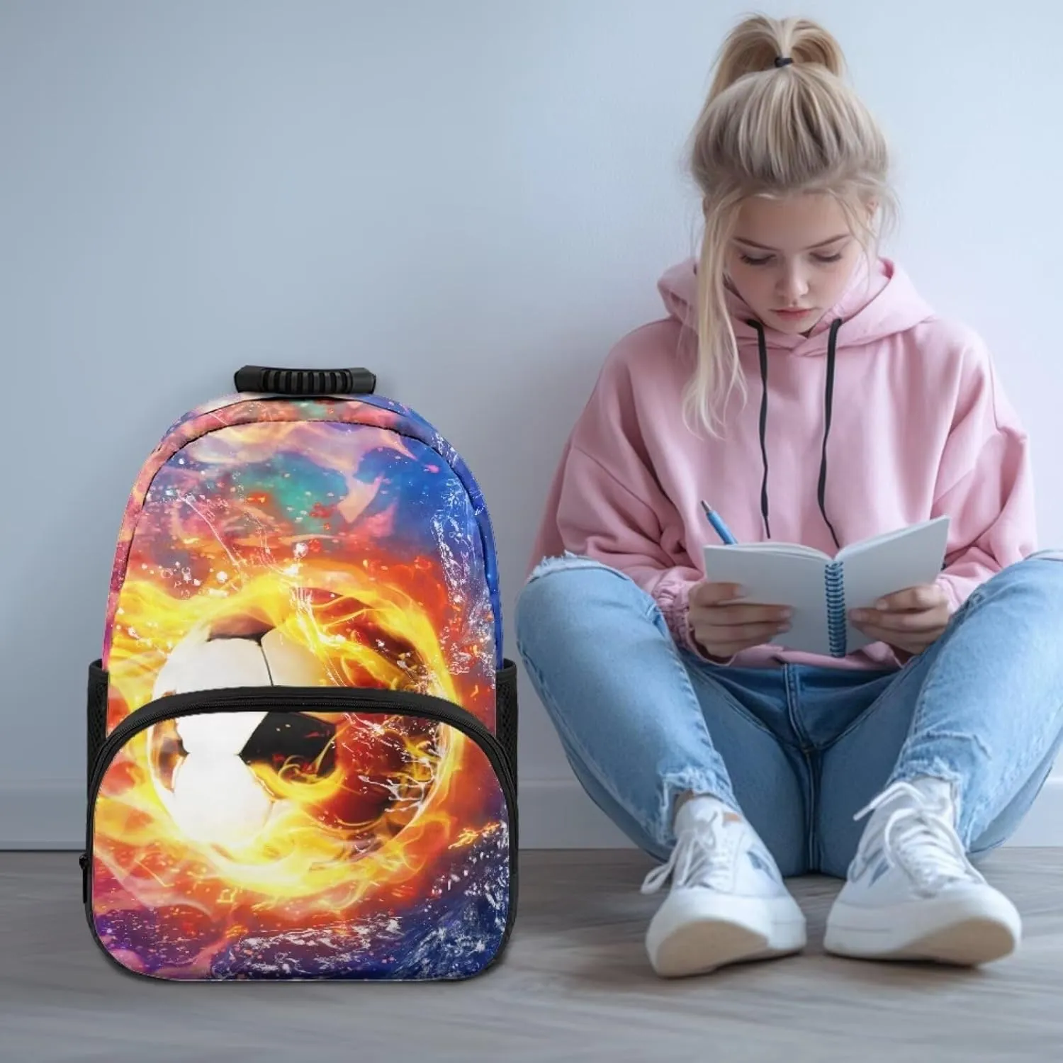 Suobstales Soccer Fire Water Print Kids School Backpack for Boys Teenage Kindergarten Primary School Shoulder Bag Backpacks Teens Casual Travel Daypack Junior School Student Backpack