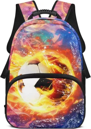 Suobstales Soccer Fire Water Print Kids School Backpack for Boys Teenage Kindergarten Primary School Shoulder Bag Backpacks Teens Casual Travel Daypack Junior School Student Backpack