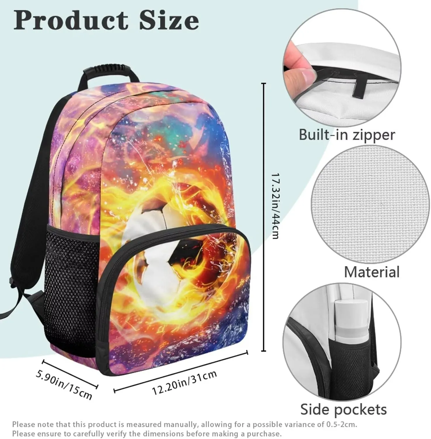 Suobstales Soccer Fire Water Print Kids School Backpack for Boys Teenage Kindergarten Primary School Shoulder Bag Backpacks Teens Casual Travel Daypack Junior School Student Backpack