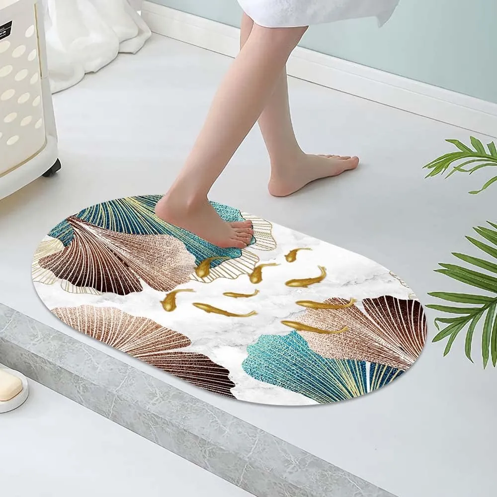 Super Absorbent Diatomaceous Earth Stone Bath Mat,A School of Goldfish in The River Quick-Drying Bathroom Carpets,Non Slip Bathtub Floor Mat，Easy to Clean, Simple Kitchen Doormat(Oval 40×60cm)