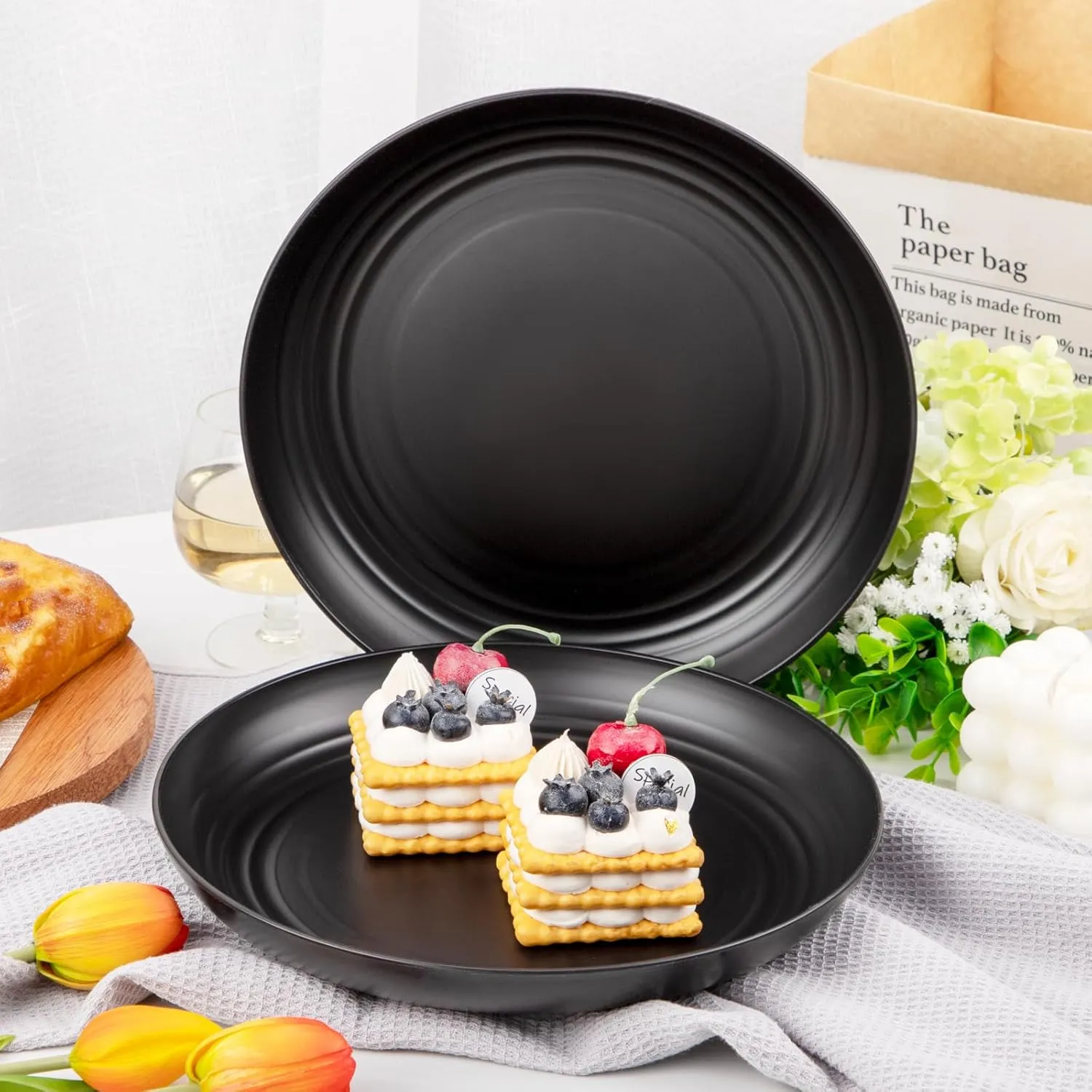 Supernal 16pcs Black Wheat Straw Plates,10 inch Unbreakable Dinner Plates,Reusable Plastic Plates,Dishwasher & Microwave Safe,Lightweight Dinnerware Plates Set for Kitchen,Camping
