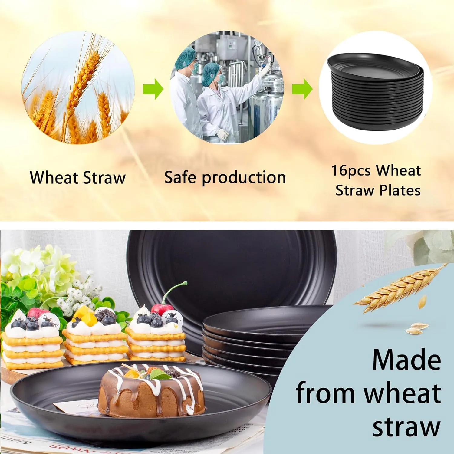 Supernal 16pcs Black Wheat Straw Plates,10 inch Unbreakable Dinner Plates,Reusable Plastic Plates,Dishwasher & Microwave Safe,Lightweight Dinnerware Plates Set for Kitchen,Camping