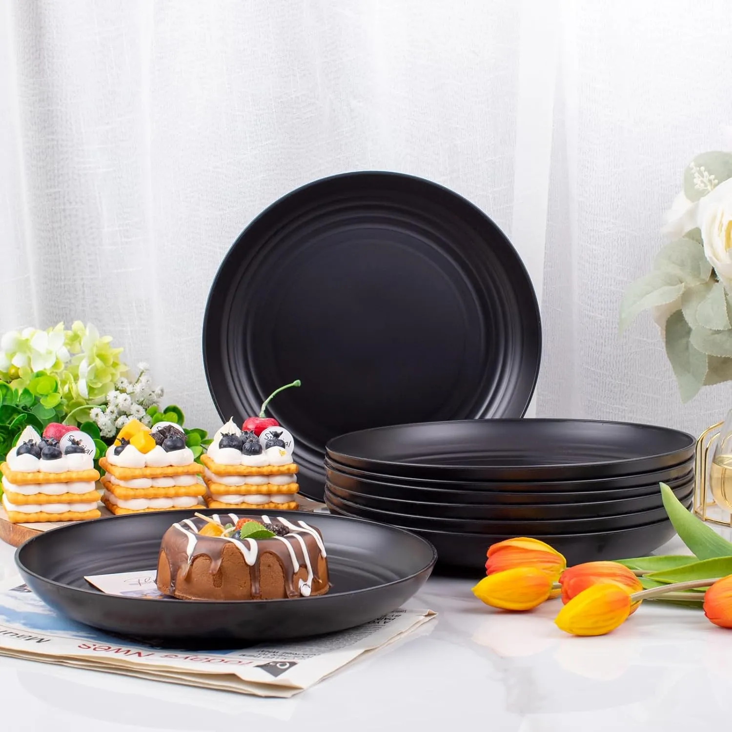 Supernal 16pcs Black Wheat Straw Plates,10 inch Unbreakable Dinner Plates,Reusable Plastic Plates,Dishwasher & Microwave Safe,Lightweight Dinnerware Plates Set for Kitchen,Camping