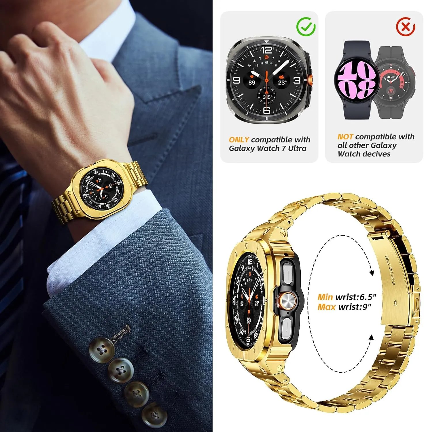 SUPLINK Stainless Steel Case and Band Compatible with Samsung Galaxy Watch Ultra Bands 47mm, Rugged Protective Case Bumper Metal Bands for Samsung Ultra Watch Band Men, Gold