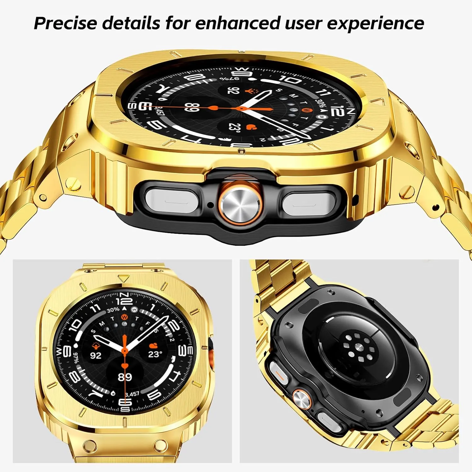 SUPLINK Stainless Steel Case and Band Compatible with Samsung Galaxy Watch Ultra Bands 47mm, Rugged Protective Case Bumper Metal Bands for Samsung Ultra Watch Band Men, Gold