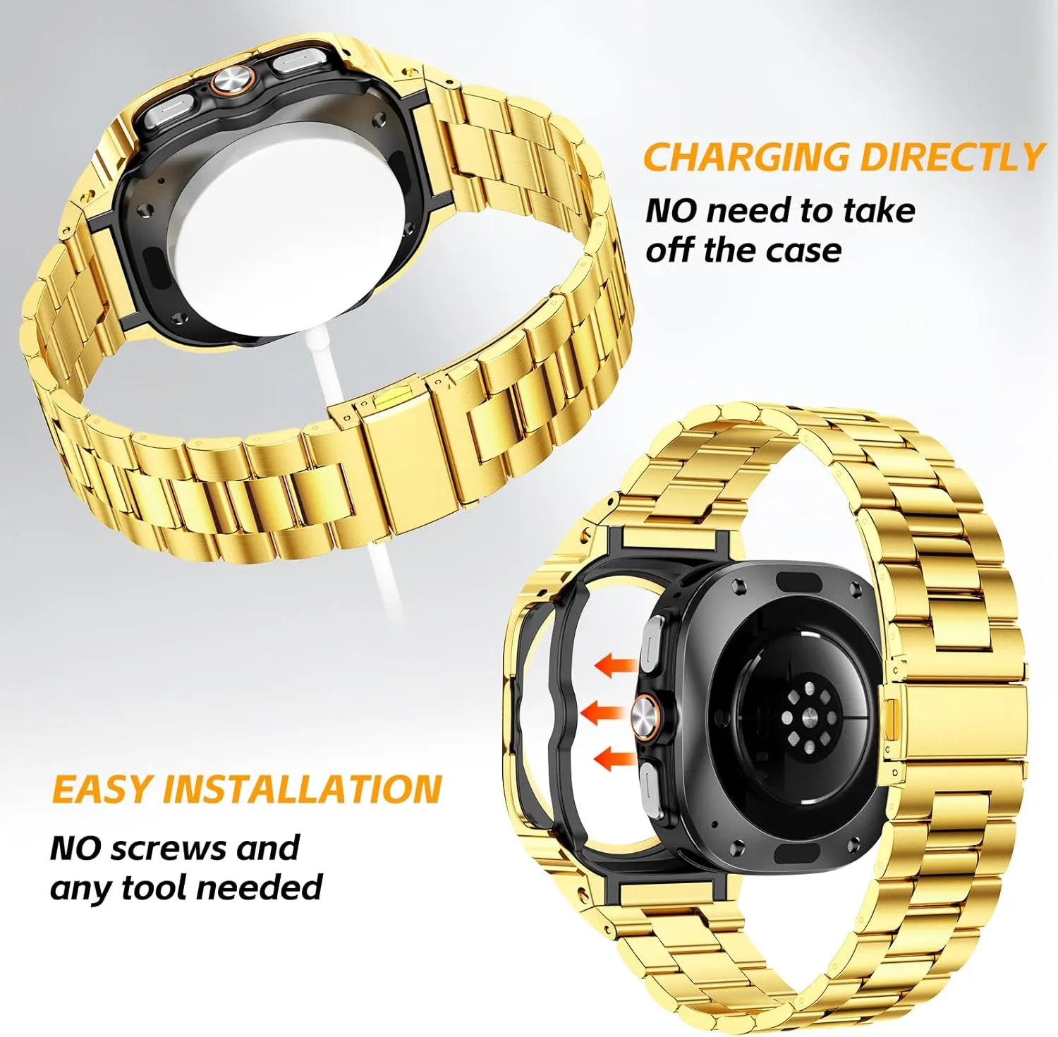 SUPLINK Stainless Steel Case and Band Compatible with Samsung Galaxy Watch Ultra Bands 47mm, Rugged Protective Case Bumper Metal Bands for Samsung Ultra Watch Band Men, Gold