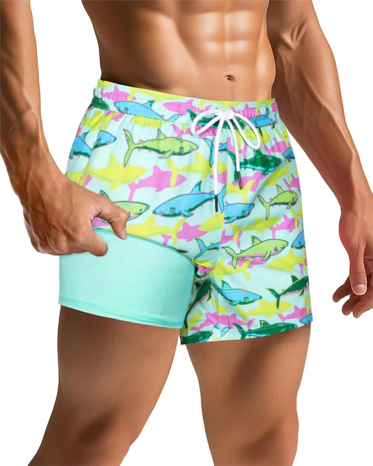 SURF CUZ Mens Swim Trunks with Compression Liner Quick Dry Swim Shorts Swimming Trunks 2 in 1 Bathing Suit Zipper Pockets