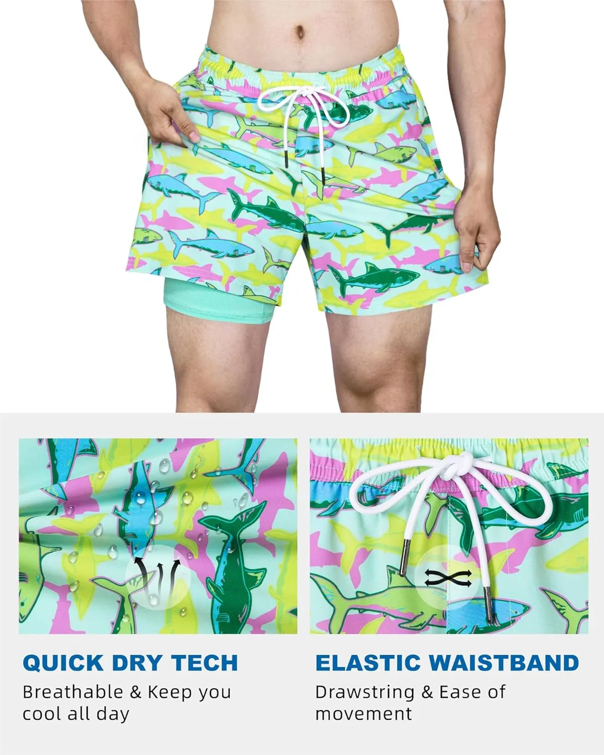 SURF CUZ Mens Swim Trunks with Compression Liner Quick Dry Swim Shorts Swimming Trunks 2 in 1 Bathing Suit Zipper Pockets