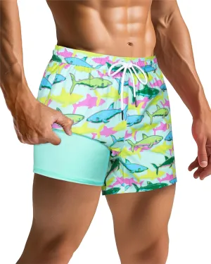 SURF CUZ Mens Swim Trunks with Compression Liner Quick Dry Swim Shorts Swimming Trunks 2 in 1 Bathing Suit Zipper Pockets