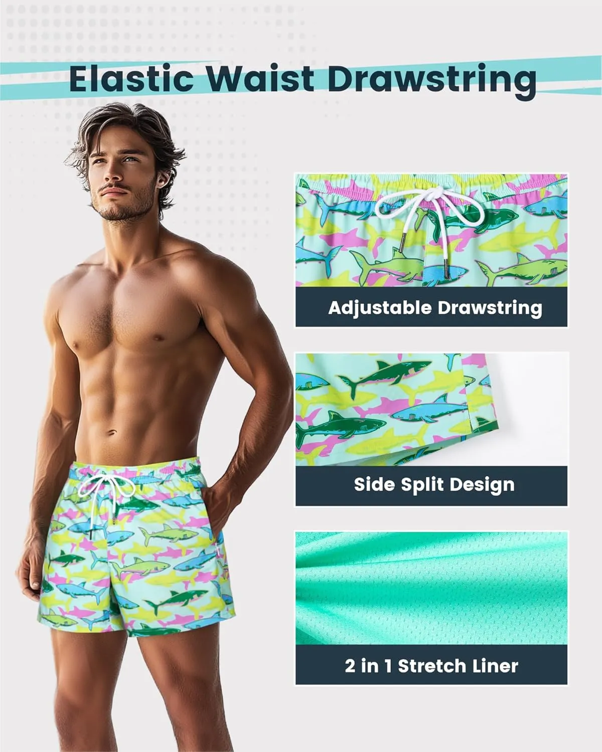 SURF CUZ Mens Swim Trunks with Compression Liner Quick Dry Swim Shorts Swimming Trunks 2 in 1 Bathing Suit Zipper Pockets