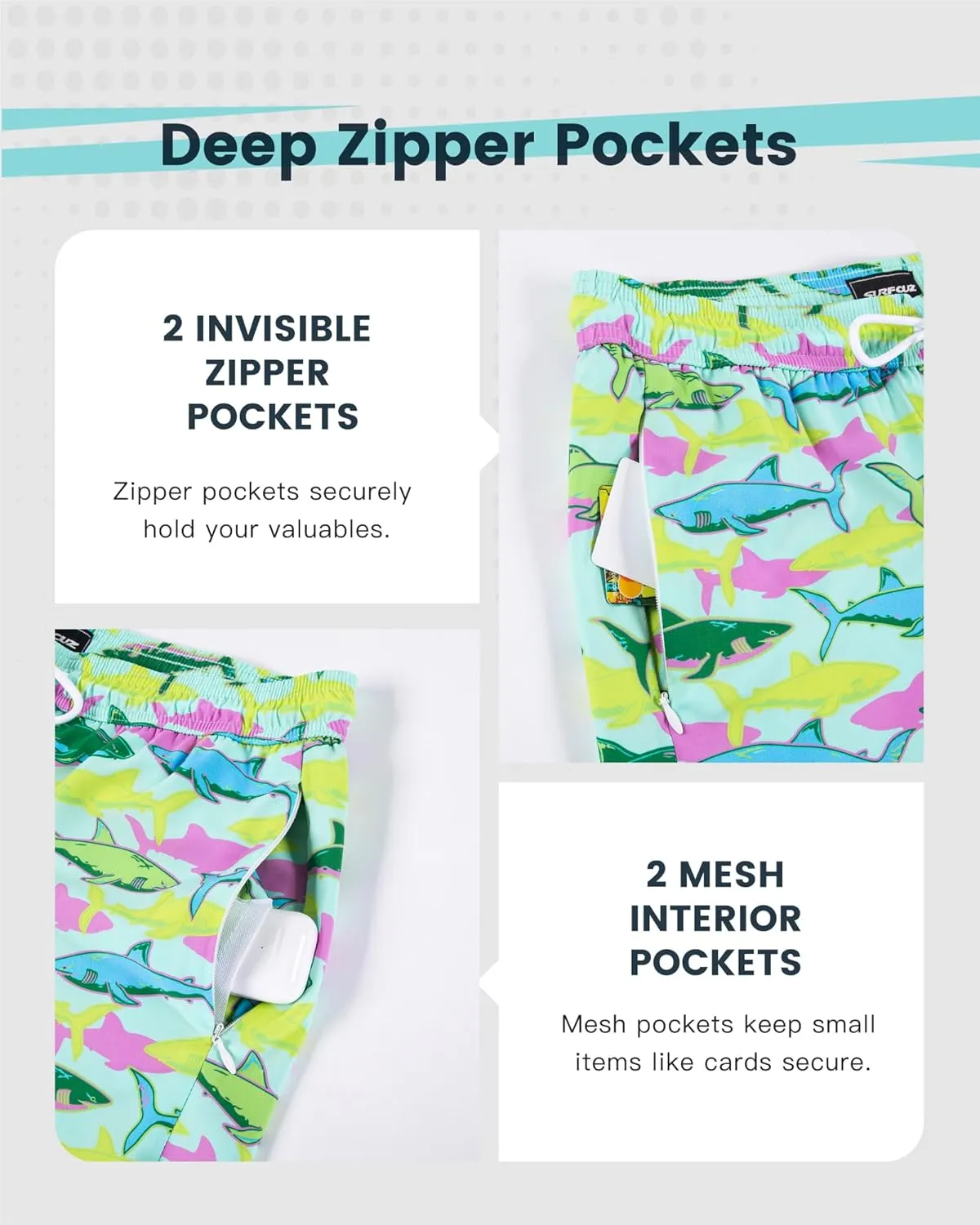 SURF CUZ Mens Swim Trunks with Compression Liner Quick Dry Swim Shorts Swimming Trunks 2 in 1 Bathing Suit Zipper Pockets