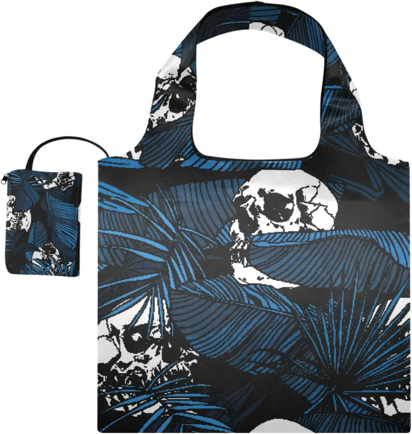 susiyo Palm Leaves and Human Skulls Foldable Reusable Grocery Shopping Tote Bag Heavy Duty Eco-friendly Travel Recycle Shoulder Bag Folding to fits in Pocket for Women Men