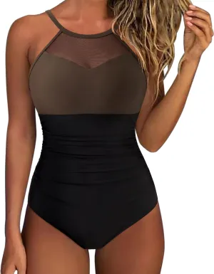 SUUKSESS Women Tummy Control One Piece Swimsuit Sexy Mesh High Neck Bathing Suit