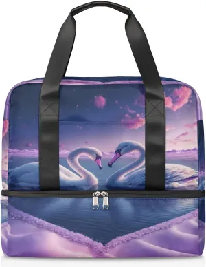 Swan Love Romance Travel Bag Double Tier Zip Closure Weekender Bag with Leather Handle Waterproof Sports Tote Gym Bag for Swim Beach Gym Yoga