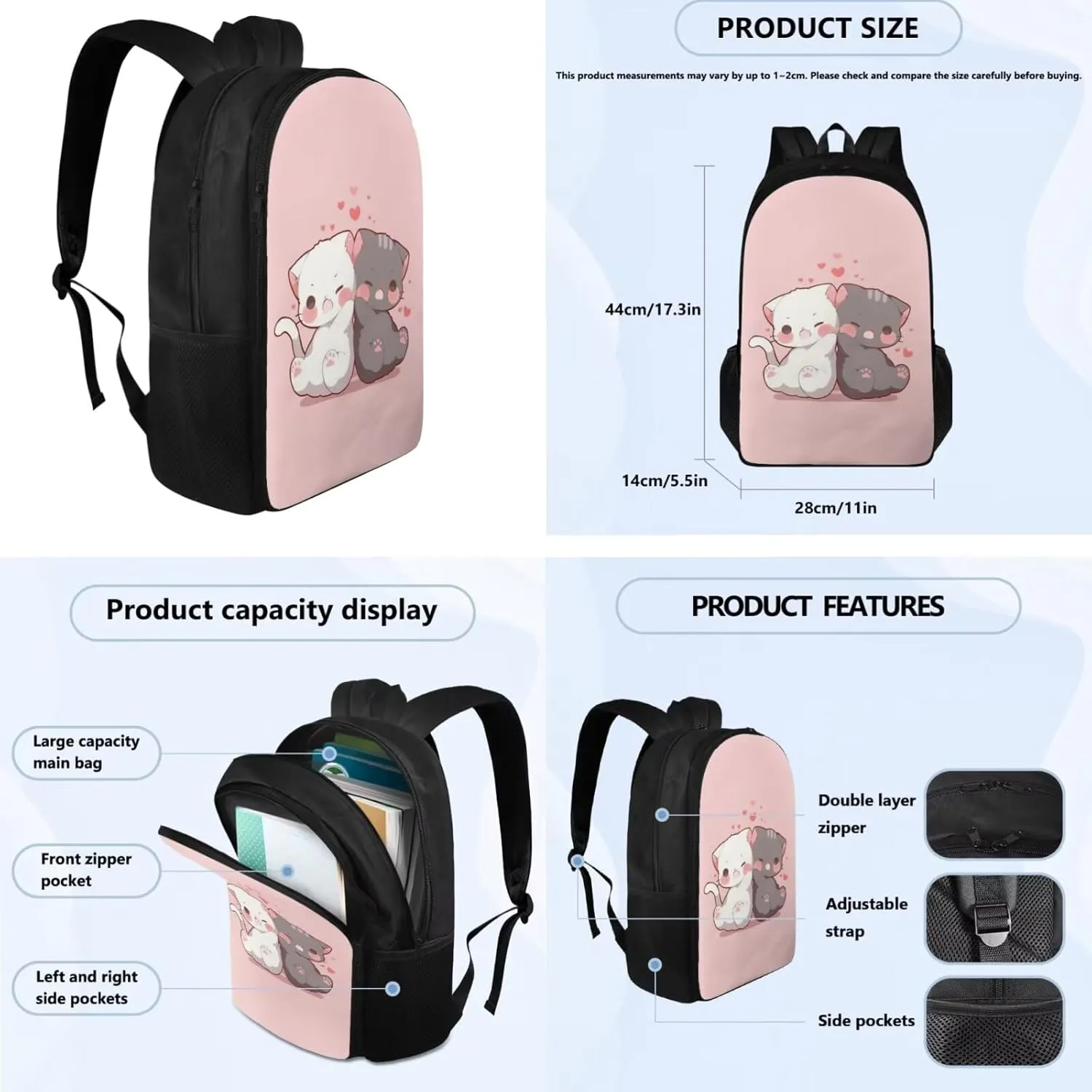 Sweet Cat Backpack for Boys 4 Piece Backpack Set with Lunch Box Pencil Box Water Bottle Portable 17inch Lightweight Large Bookbag 3rd 5th Grade Shoulder Bag School Travel Dance Sports