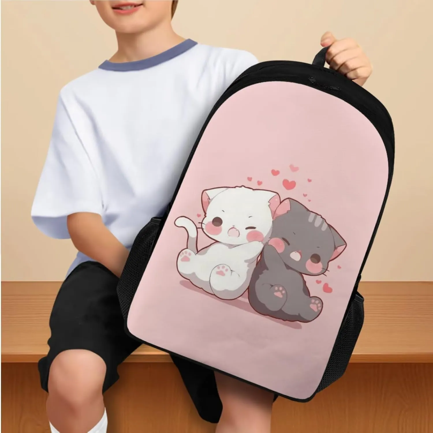 Sweet Cat Backpack for Boys 4 Piece Backpack Set with Lunch Box Pencil Box Water Bottle Portable 17inch Lightweight Large Bookbag 3rd 5th Grade Shoulder Bag School Travel Dance Sports