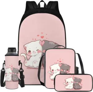 Sweet Cat Backpack for Boys 4 Piece Backpack Set with Lunch Box Pencil Box Water Bottle Portable 17inch Lightweight Large Bookbag 3rd 5th Grade Shoulder Bag School Travel Dance Sports