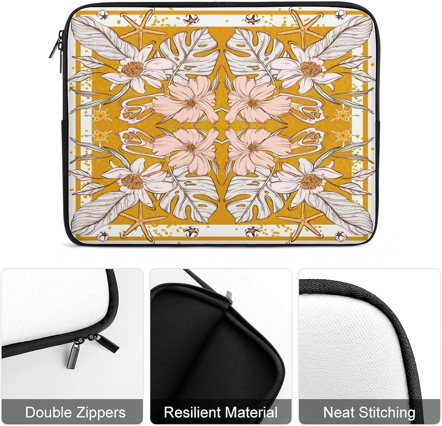 Symmetrical Flowers Pink Floral Laptop Bag Travel Notebook Laptops Sleeve 13inch for Men Women Computer Shockproof Storage Bag Business Trip Camping Organizer Protective Zipper Carry Case