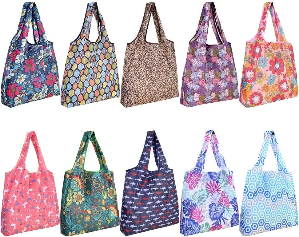 SZUAH 10 Pack Reusable Grocery Shopping Bags, Foldable Shopping Bags Grocery Tote with Attached Pouch,Machine Washable Eco-Friendly.