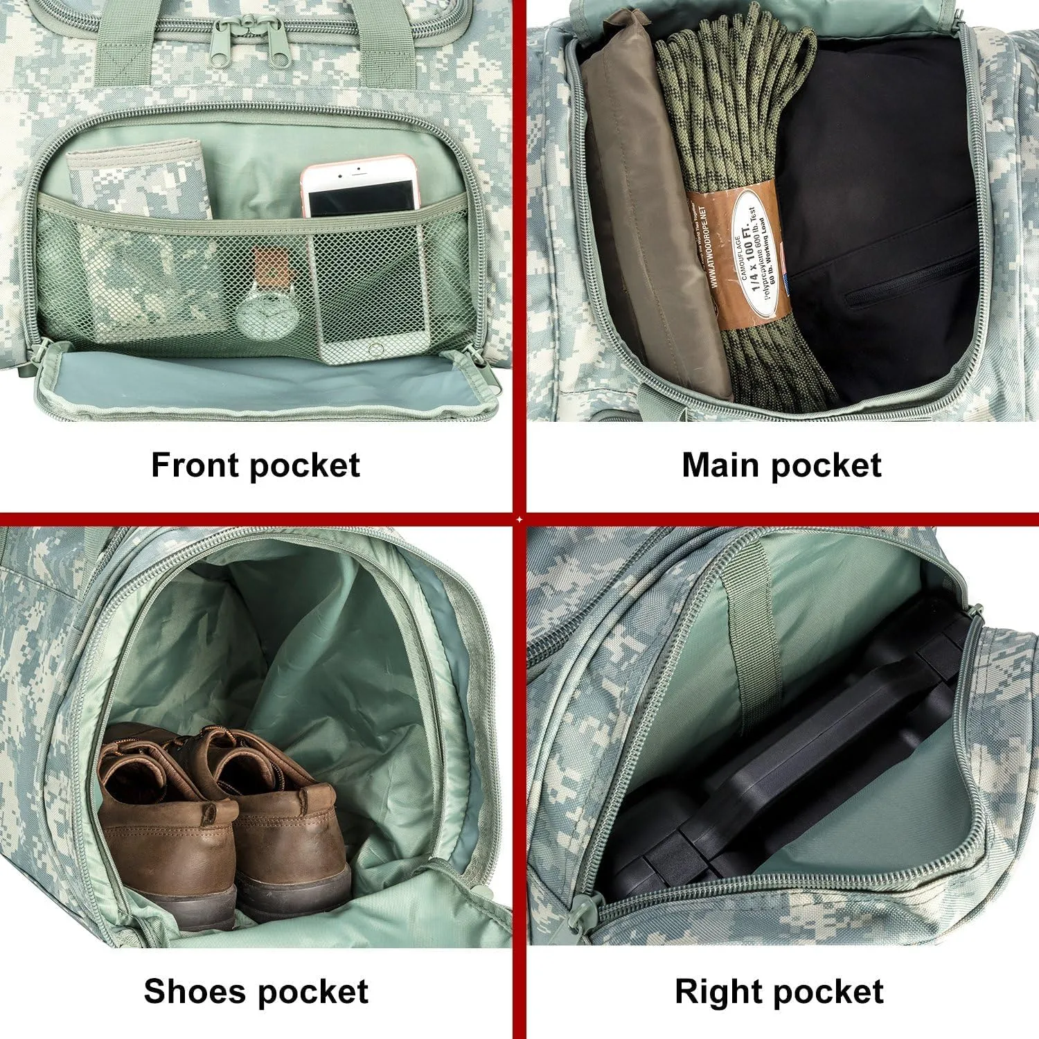 Tactical Travel Duffle Bag with Shoes Compartment Weekender Bags Carry On Overnight Bag For Men and Women Gym Sports Tote Pocket