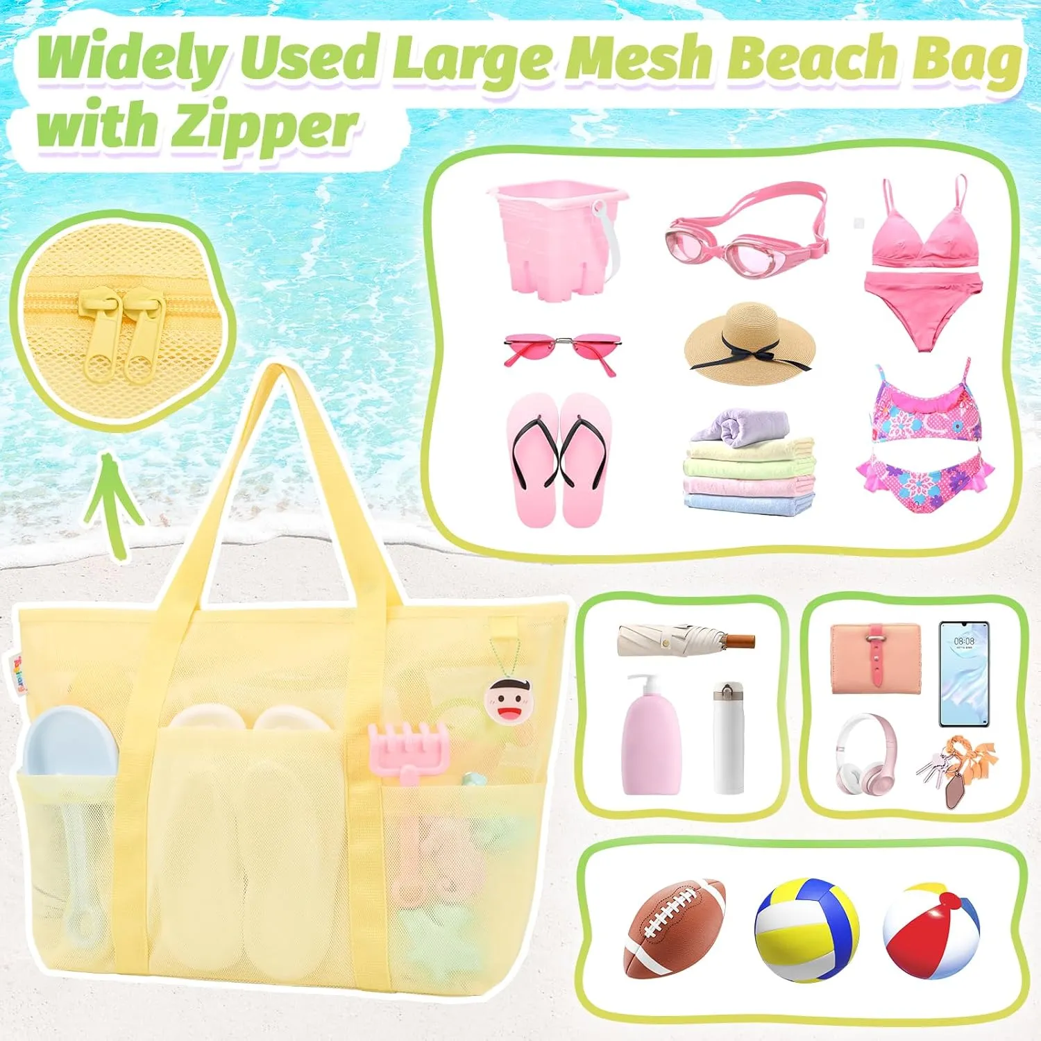 Tagitary Beach Toys Mesh Beach Bag with Zipper and 8 Pockets, Large Beach Tote Waterproof Sandproof for Travel Pool Storage