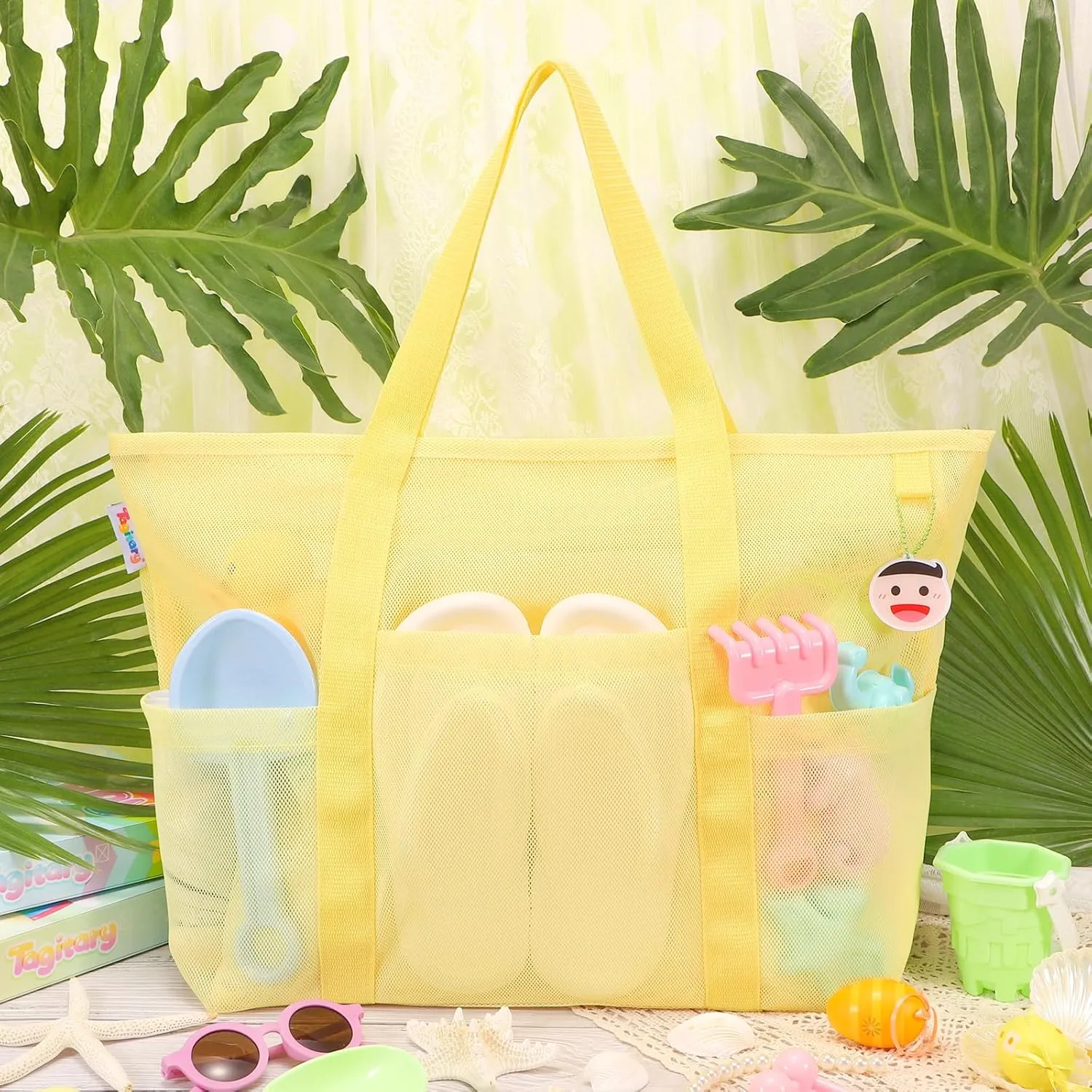 Tagitary Beach Toys Mesh Beach Bag with Zipper and 8 Pockets, Large Beach Tote Waterproof Sandproof for Travel Pool Storage
