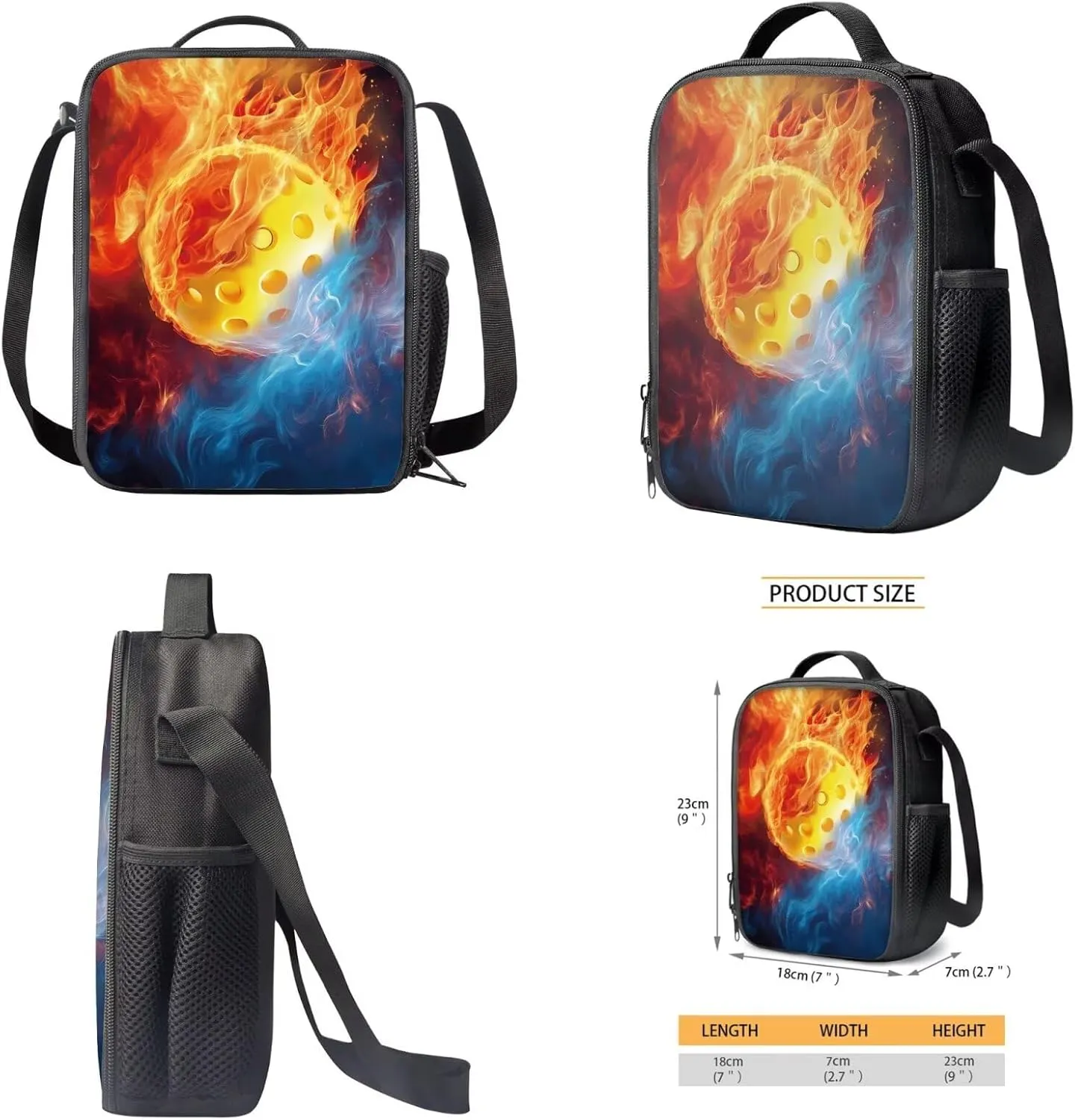 Talayituse Pickleball Fire Print School Bag Bookbag for Primary Junior School Student 3 PCS Backpack Set with Lunch Box Pencil Case for Boys Teens Kids