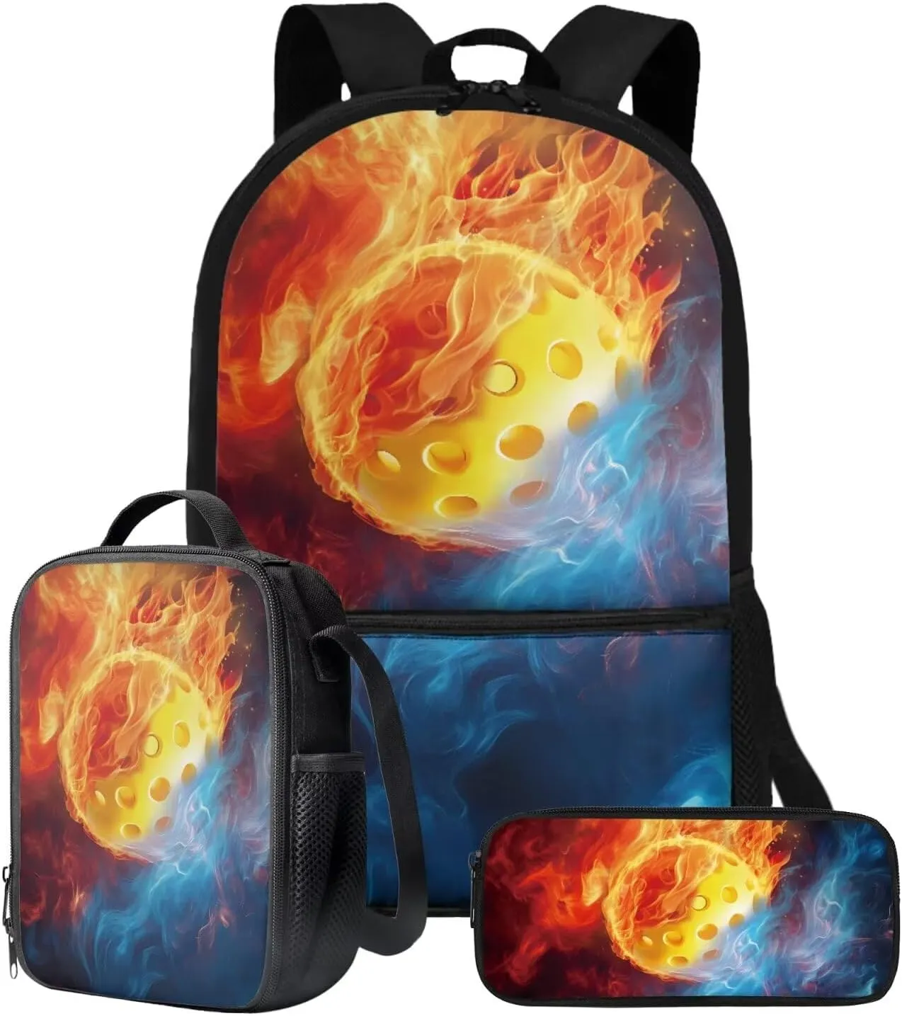 Talayituse Pickleball Fire Print School Bag Bookbag for Primary Junior School Student 3 PCS Backpack Set with Lunch Box Pencil Case for Boys Teens Kids