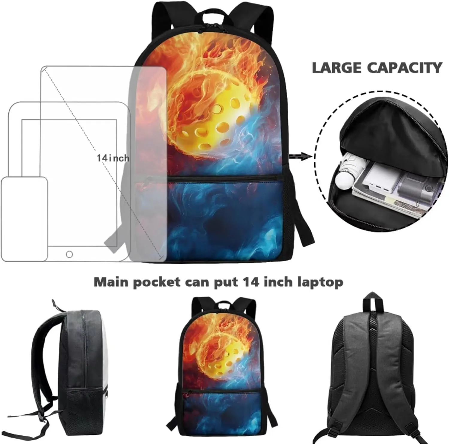 Talayituse Pickleball Fire Print School Bag Bookbag for Primary Junior School Student 3 PCS Backpack Set with Lunch Box Pencil Case for Boys Teens Kids