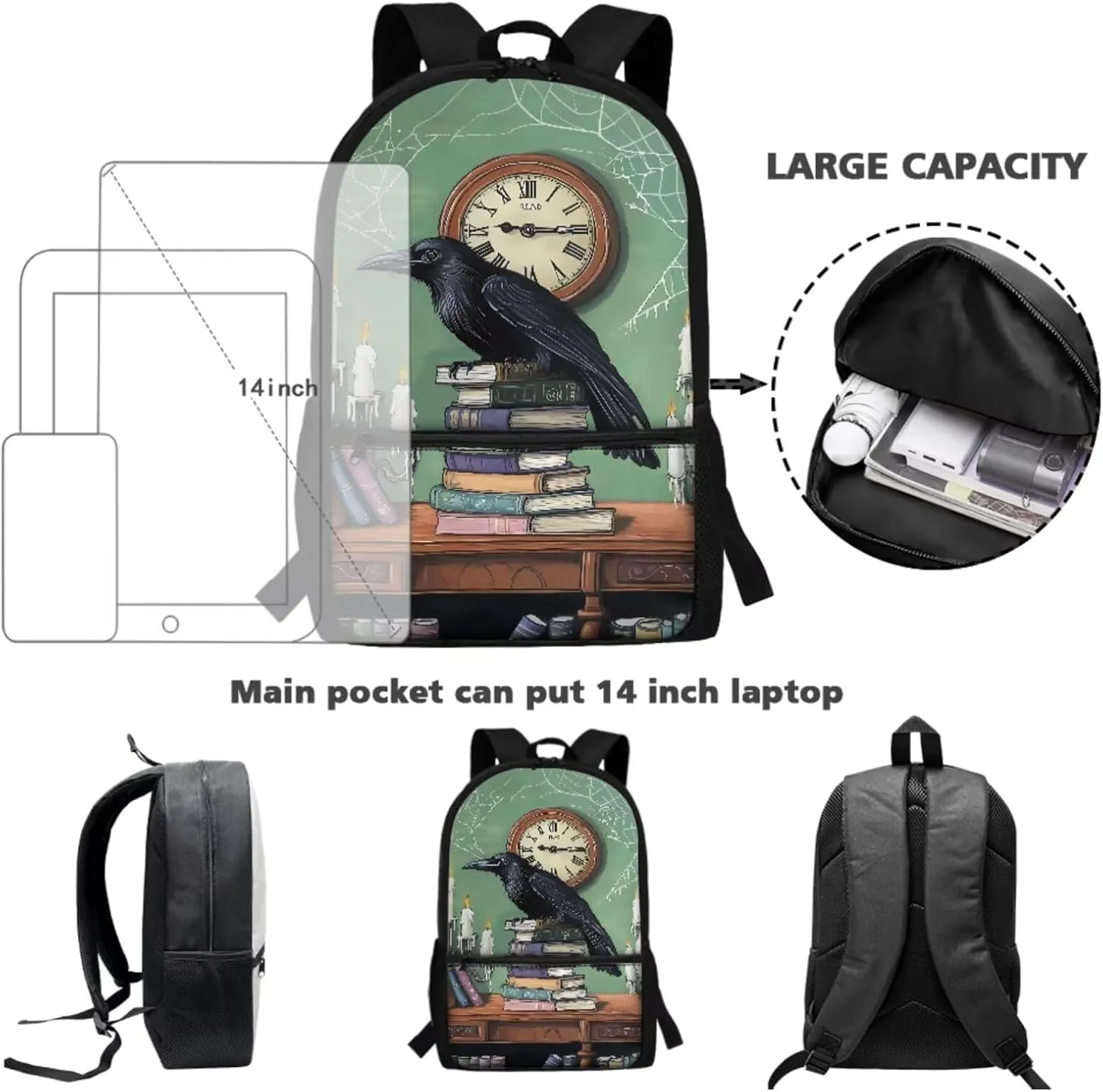 Talayituse Raven Book Clock Spider Web Print 3 Pcs Backpack Set Travel Bag Portable Bookbag Knapsack Daypack Large Capacity Sports Backpacks Schoolbag with Lunch Box Pencil Case for Boys Girls