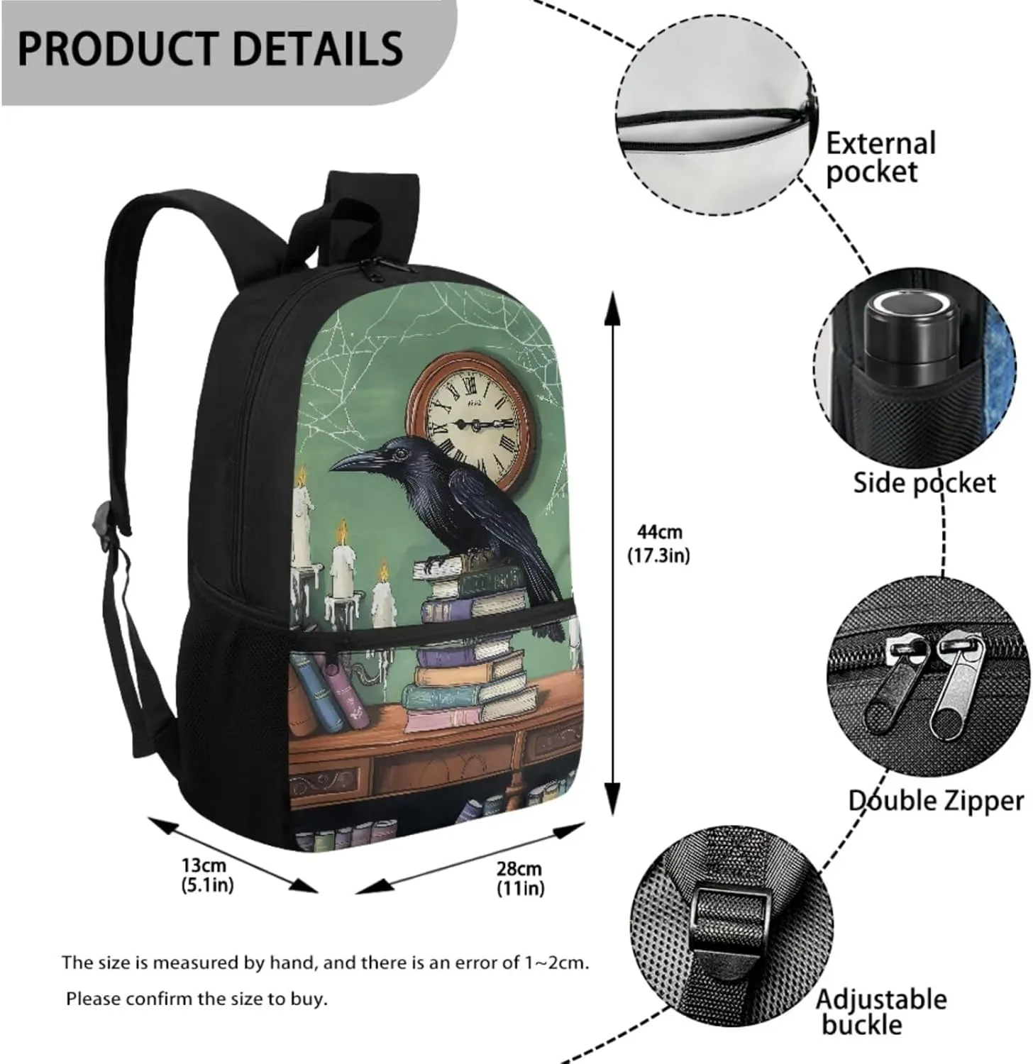 Talayituse Raven Book Clock Spider Web Print 3 Pcs Backpack Set Travel Bag Portable Bookbag Knapsack Daypack Large Capacity Sports Backpacks Schoolbag with Lunch Box Pencil Case for Boys Girls