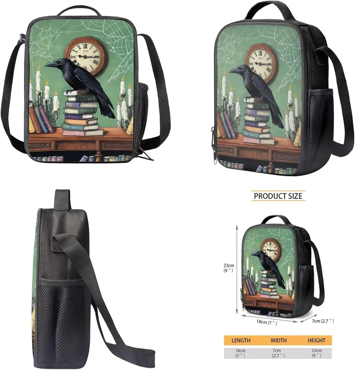 Talayituse Raven Book Clock Spider Web Print 3 Pcs Backpack Set Travel Bag Portable Bookbag Knapsack Daypack Large Capacity Sports Backpacks Schoolbag with Lunch Box Pencil Case for Boys Girls