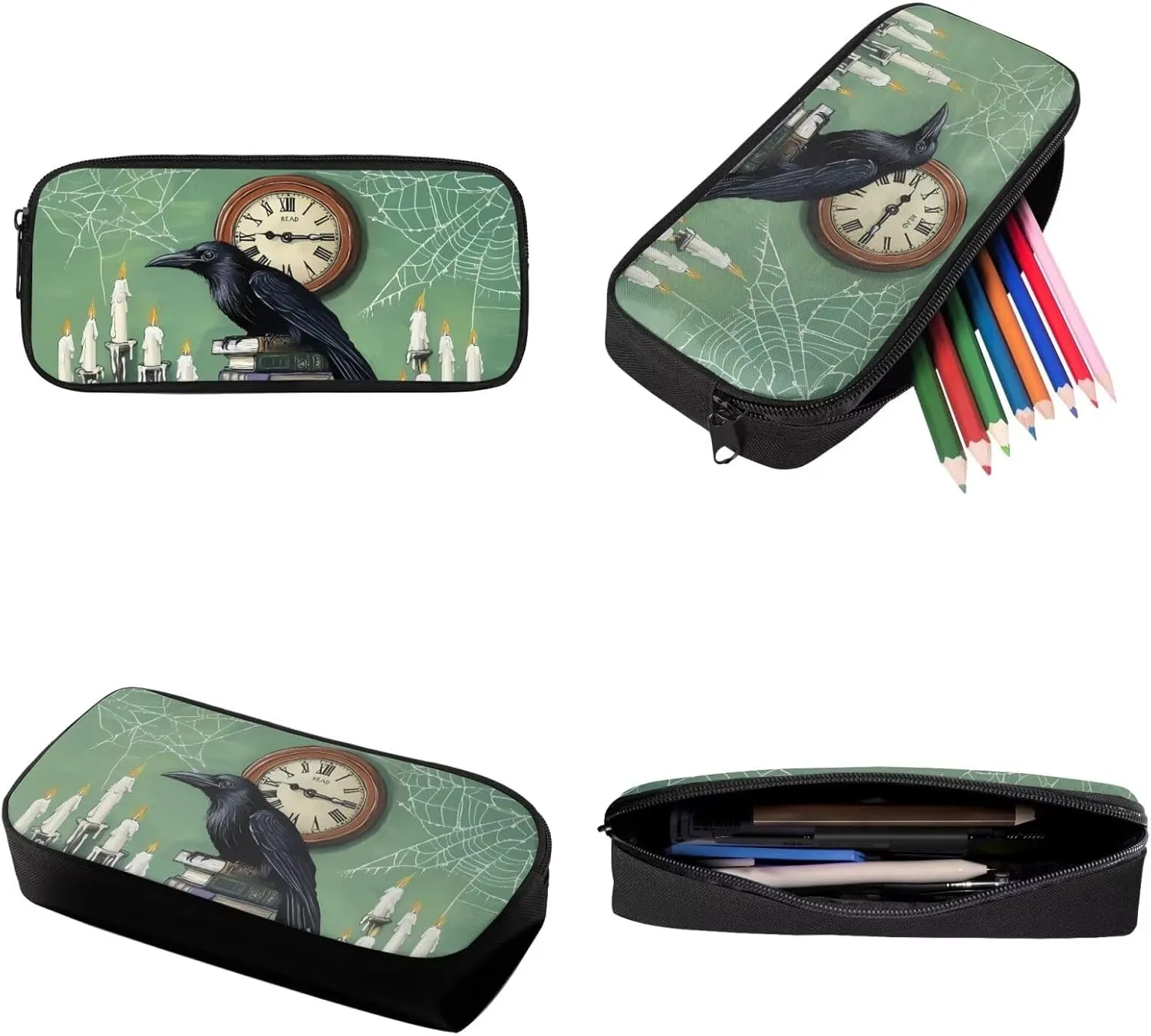 Talayituse Raven Book Clock Spider Web Print 3 Pcs Backpack Set Travel Bag Portable Bookbag Knapsack Daypack Large Capacity Sports Backpacks Schoolbag with Lunch Box Pencil Case for Boys Girls