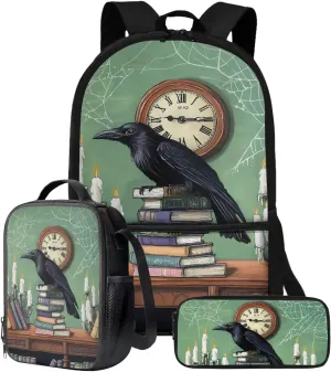 Talayituse Raven Book Clock Spider Web Print 3 Pcs Backpack Set Travel Bag Portable Bookbag Knapsack Daypack Large Capacity Sports Backpacks Schoolbag with Lunch Box Pencil Case for Boys Girls