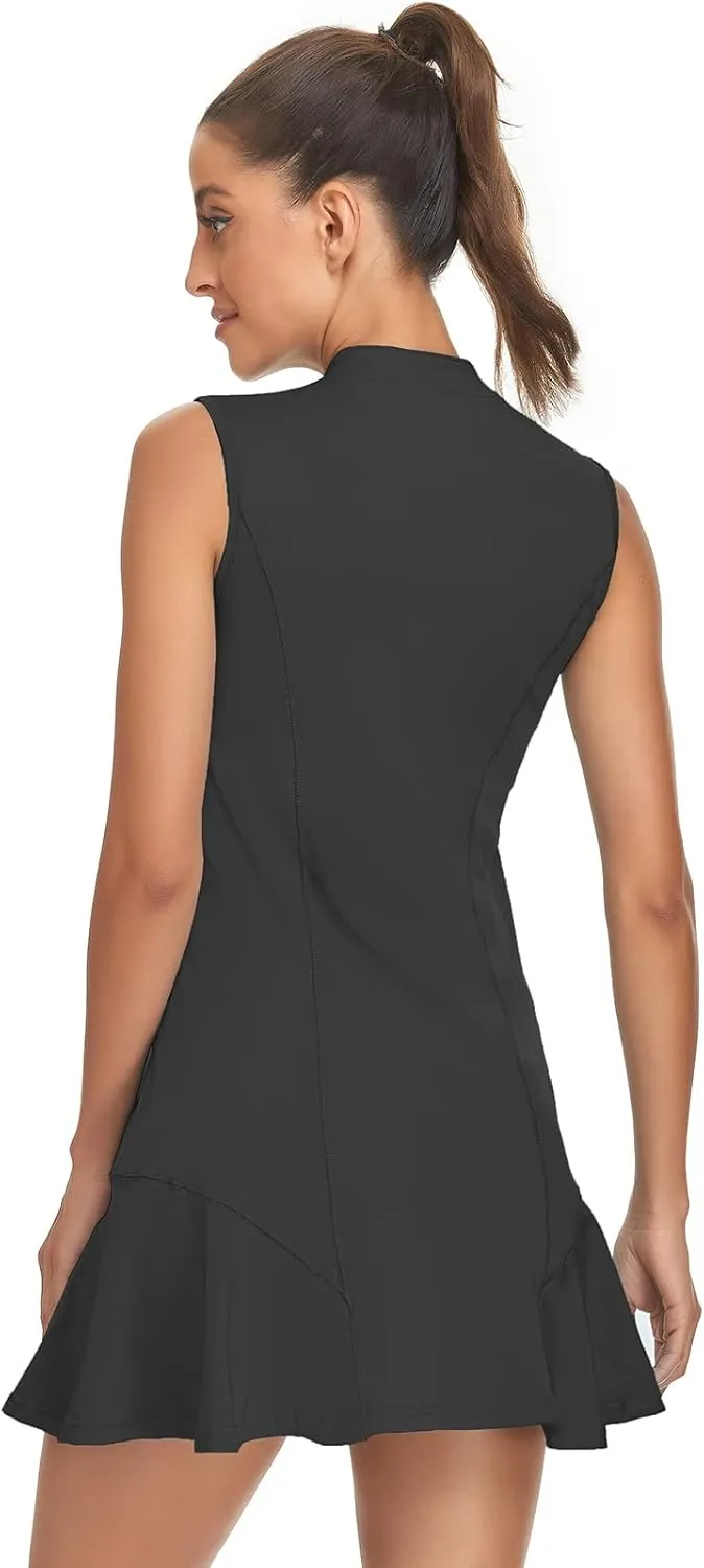 Tanst Sky Women's Golf Dress with Shorts Zip Up Quick Dry Sleeveless Pockets Tennis Workout Dresses