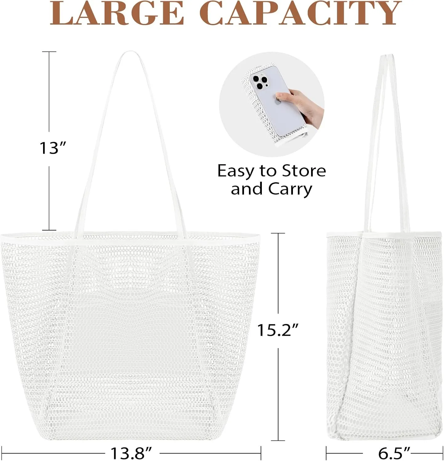 Tavaleu Mesh Beach Bag, Beach Bags for Women, Woven Straw Beach Tote Bag Waterproof with Inner Pocket, Packable Beach Bag
