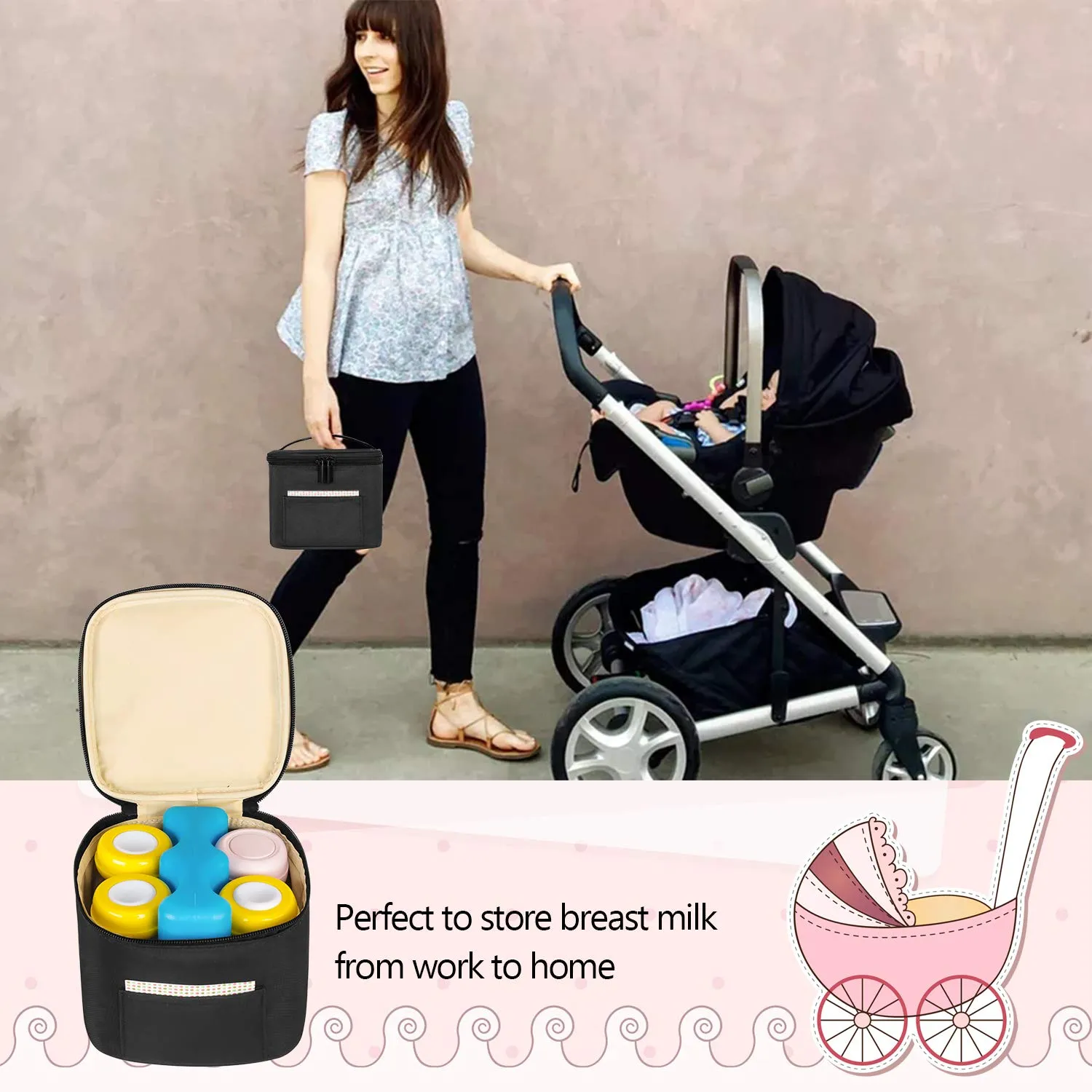 Teamoy Breastmilk Cooler Bag, Baby Bottles Bag for up to 4 Large 5 Ounce Bottles Without Nipple, Perfect for Working Moms, Black