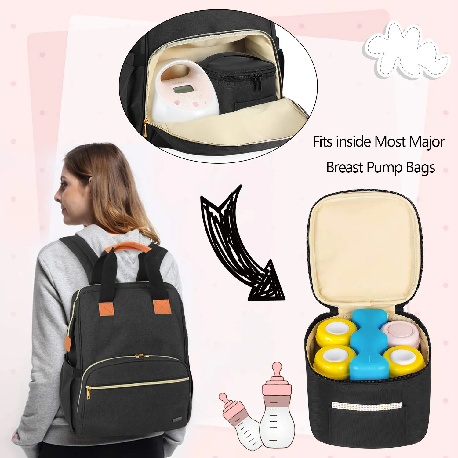 Teamoy Breastmilk Cooler Bag, Baby Bottles Bag for up to 4 Large 5 Ounce Bottles Without Nipple, Perfect for Working Moms, Black