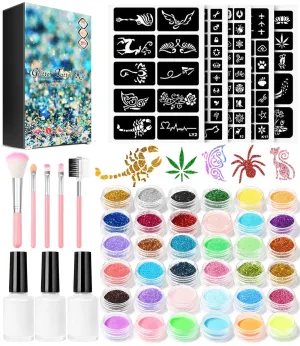 Temporary Glitter Tattoo Kit for Kids makeup,30 Body Glitter,3 Glitter Glue,5 Sheets Tattoos Stencil,5 Pcs Makeup Brush,6 Fluorescent Powder,Rhinestone Stickers,Holiday,Party,Nail Art