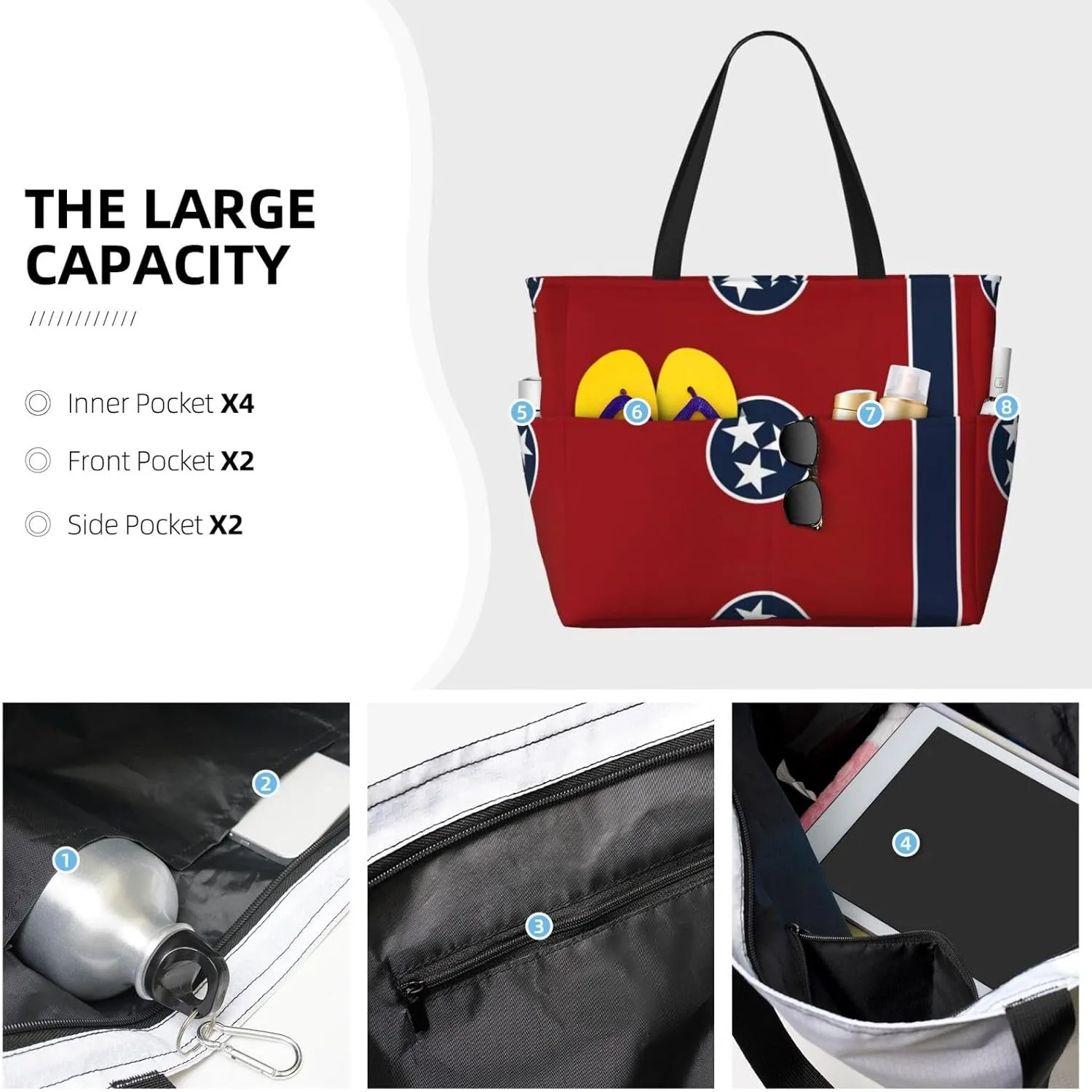 Tennessee State Flag Large Capacity Foldable Tote Bag Women Beach Tote Bag Handbag Gym Bag Travel Shopping Bag
