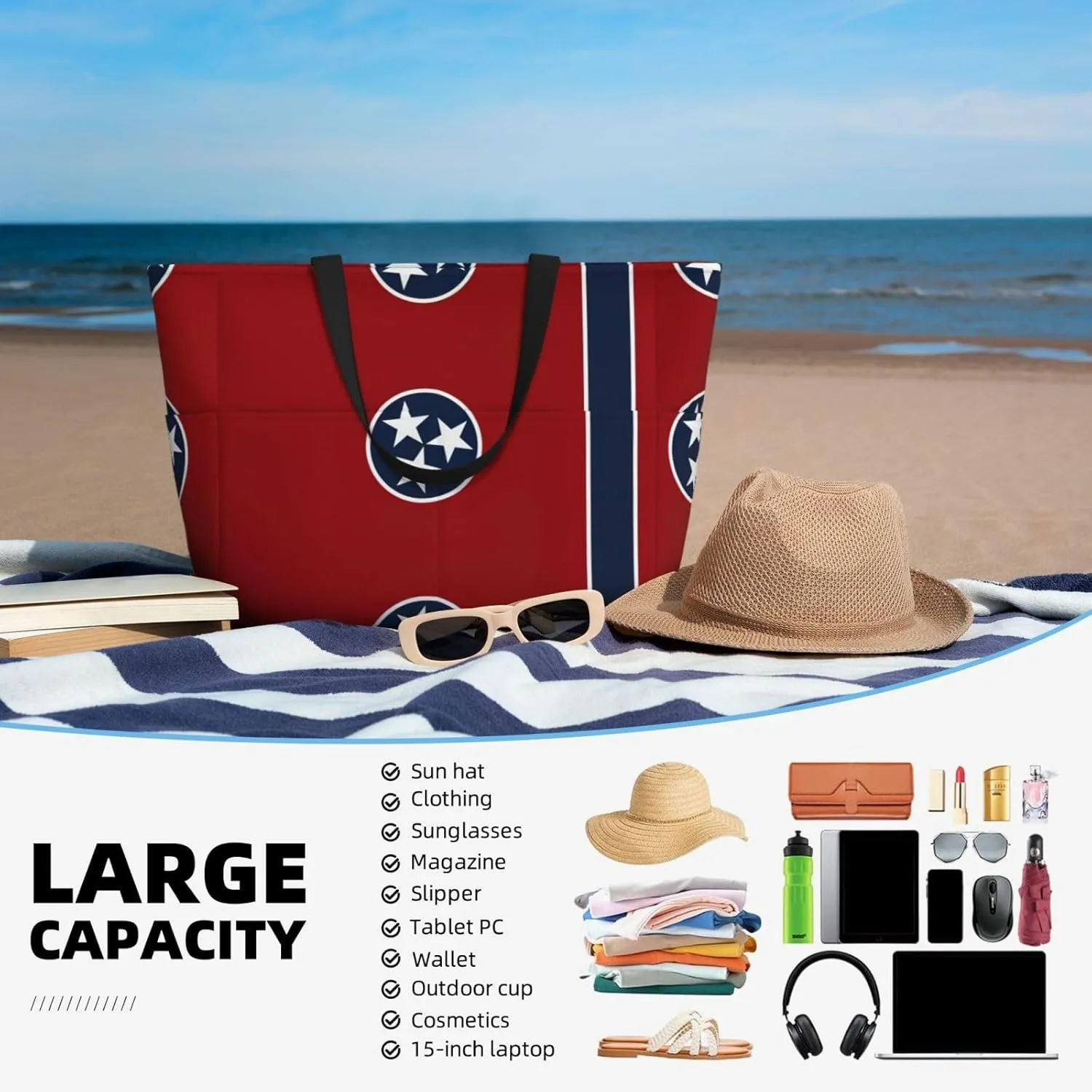 Tennessee State Flag Large Capacity Foldable Tote Bag Women Beach Tote Bag Handbag Gym Bag Travel Shopping Bag