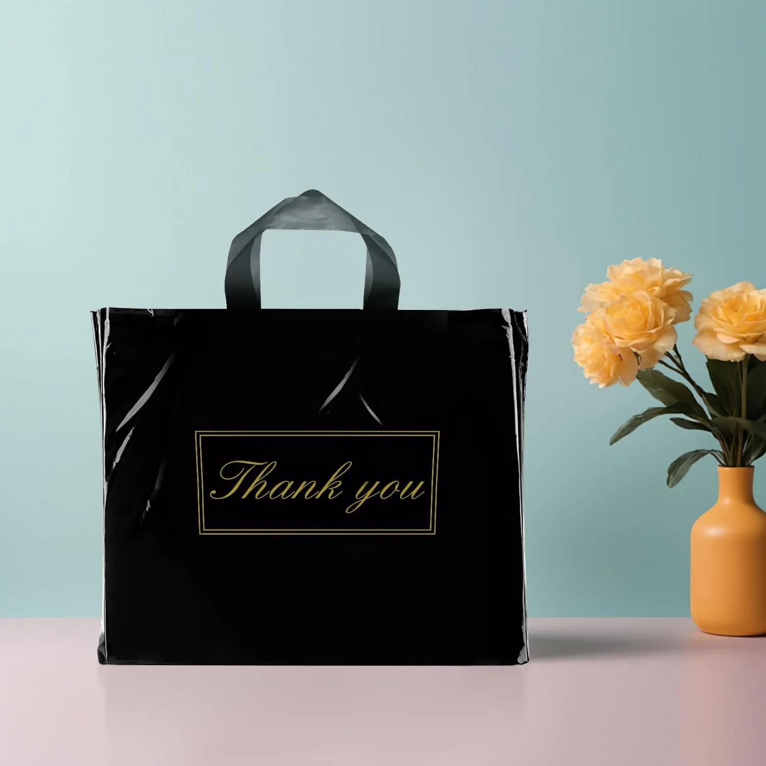 Thank You Bags for Small Business, Shopping Bags with Handle,Black Plastic Bags, White